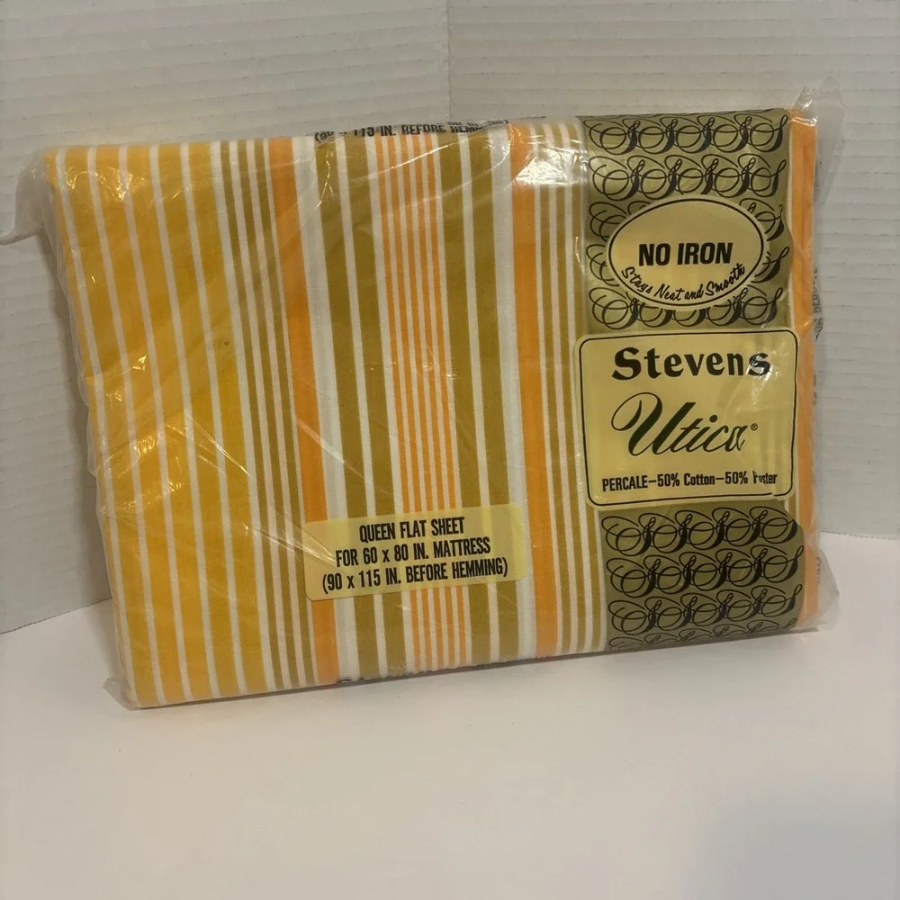 NOS Vintage Stevens Utica Queen Flat Sheet Orange Striped Fancy 1970s No Iron